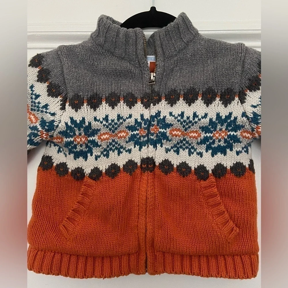 Janie And Jack Wool Cotton Blend Kids Knit Sweater Jacket Orange Gray Blue - Picture 2 of 14